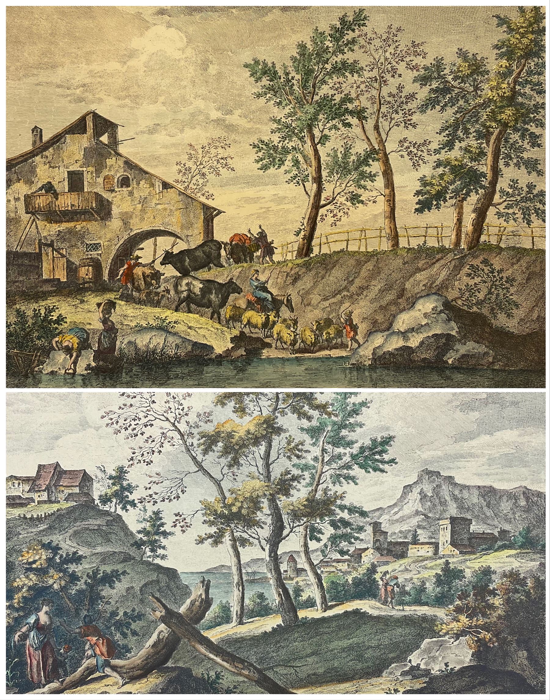 Francesco Bartolozzi (Italian 1728-1815) After Marco Ricci (Italian 1676-1730): 'Vive il Pastor con pascolar gl'armenti' and 'Fra le selve e tranquilla alma ben nata', pair engravings with hand colouring pub. c.1762, 39cm x 52cm (2) (unframed)