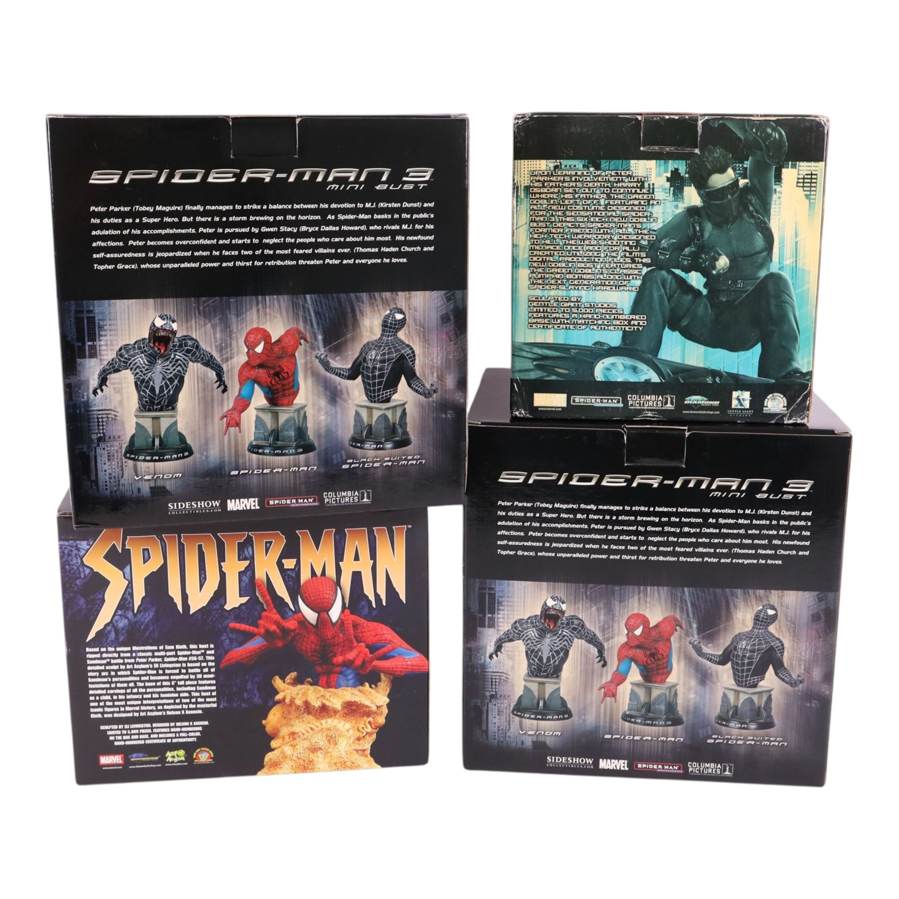 Four Spider-Man busts, comprising Sideshow Collectibles Spider-Man 3 Black Suited Spider-Man and classic Spider-Man, Diamond Select Toys Goblin bust and a Diamond Select Toys Art Asylum Spider-Man Sandman battle, all boxed