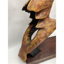 Helen Skelton (British 1933 – 2023): Two carved wooden abstract sculptures, one modelled as a stylized bird on rectangular base, largest H42cm. Born into an RAF family in 1933 in Kent and travelled the world extensively during her childhood. After settling in Bridlington, Helen immersed herself in painting, textiles, and wood sculpture, often inspired by nature's beauty. Her talent was showcased in a one-woman show at Sewerby Hall and recognised with the sculpture prize at Ferens Art Gallery in 2000. Sadly, Helen’s daughter passed away from cancer in 2005. This loss inspired Helen to donate her sculptures to Marie Curie upon her passing in 2023.