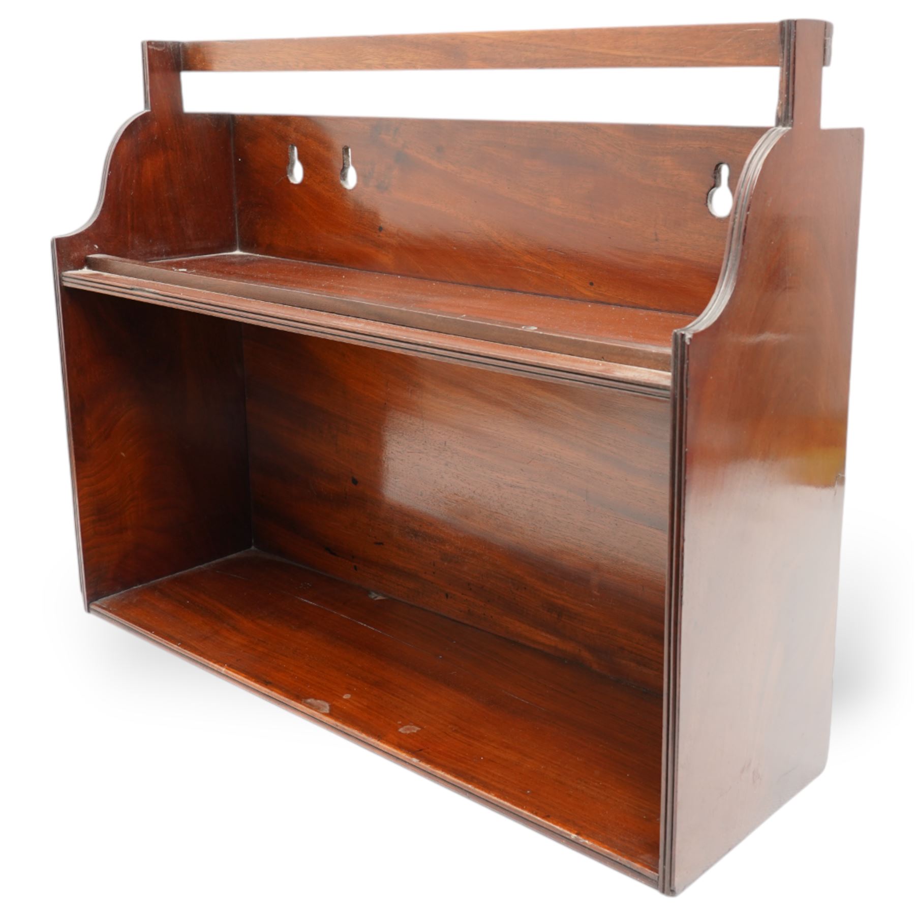 Mahogany two-tier book carrier, of rectangular section, with a single carrying handle over a shaped gallery 