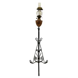 Late 19th century black painted wrought metal standard lamp, telescopic column, copper reservoir