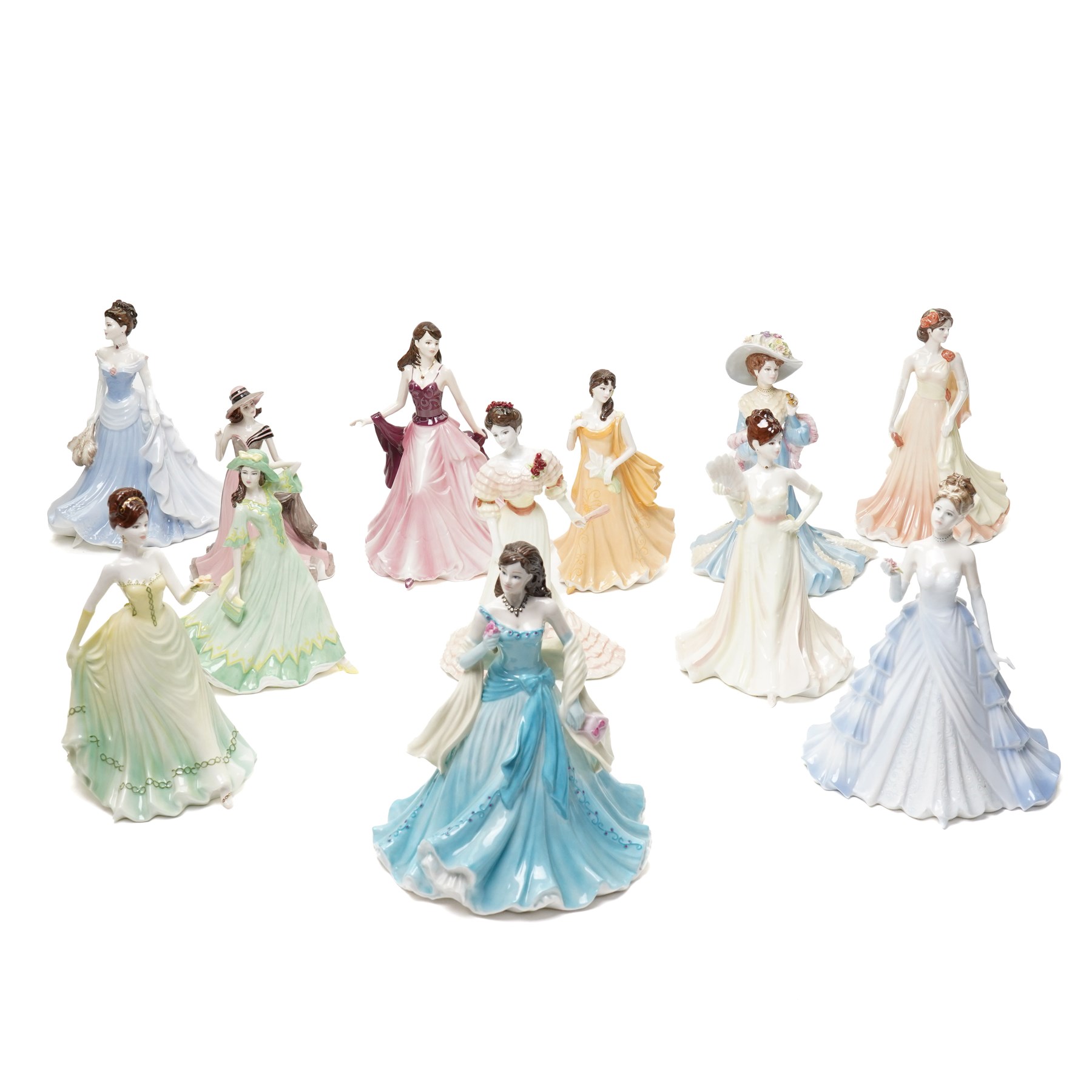 Twelve Coalport figures, comprising My Love, Happy Birthday 2006, Victoria, Coming of Age, Lady Sara, Red Rose of Lancashire, Thank You, Birthday Celebration, Evening Romance, With Love, Artisans Choice and Happiness, all boxed, one from an edition of 750 (12)
