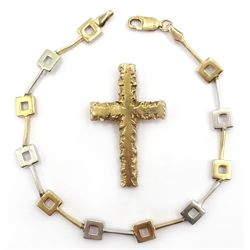  White and yellow gold square link bracelet and a cross pendant both hallmarked 9ct approx 9gm  