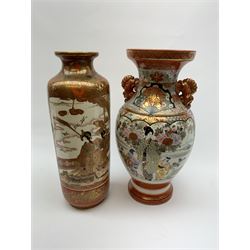 Two Japanese Kutani vases, each decorated with figural and landscape panels, each approximately H36cm, three Imari plates, and a blue and white ginger jar and cover decorated with dragons chasing the flaming pearl. 