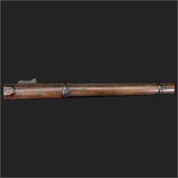 Two-Band short service musket, the L66cm barrel with sold out of service marks and indistinct marks, with ram rod beneath, the lock marked with crowned and Windsor 1855, overall L108cm
Sold as an exempt item under Section 58 (2) of the 1968 Firearms Act, to be held as a curiosity or ornament
