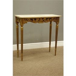  Late 20th century carved gilt wood console table on turned reeded supports with rectangular marble top, W76cm, H76cm, D31cm  