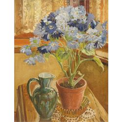 H Bailey (British Mid-20th century): Still Life of Sunflowers in a Vase, oil on board signed 50cm x 37cm; Sibil Elizabeth Swinden (British Mid-20th century): Still Life of Blue Flowers in a Pot, oil on canvas labelled verso 44cm x 34cm (2)