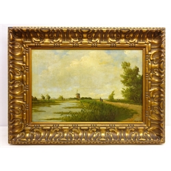  Dutch River Scene with Windmill, early 20th century oil on canvas indistinctly signed in ornate gilt frame 37cm x 56.5cm  