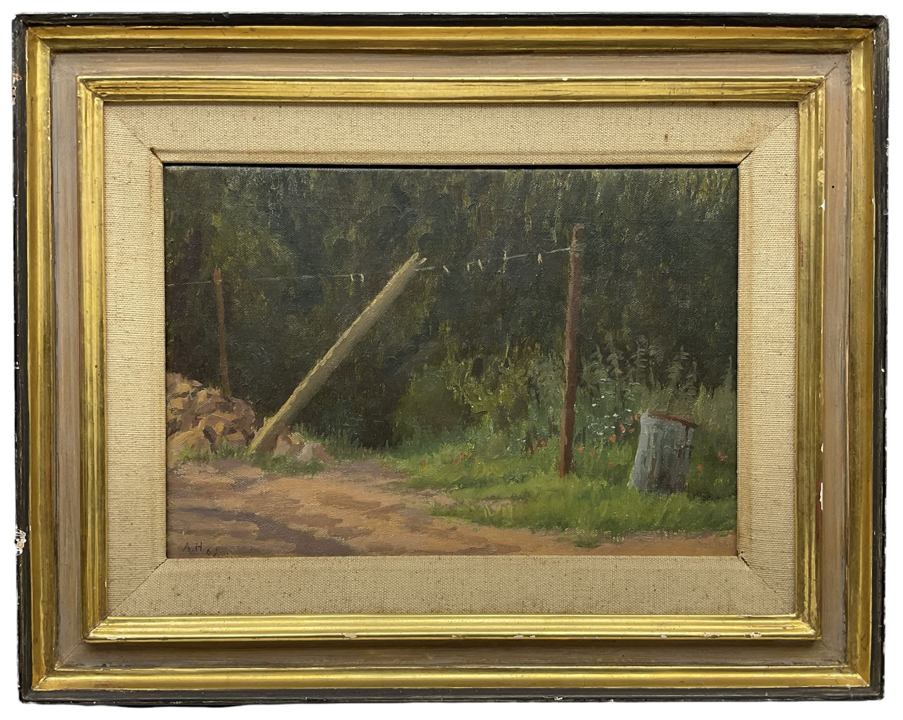 Anna Hornby (British 1914-1996): Washing Line, oil on canvas signed with initials and dated '61, titled with artists Chelsea address verso 17cm x 25cm
Notes: this painting may have been exhibited at the Royal Academy in 1961