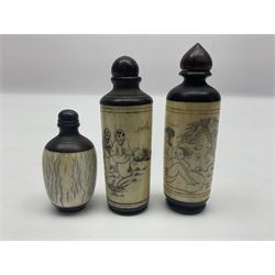 Nine Chinese snuff bottles, to include three wood mounted bone examples,  one red resin simulated cinnabar lacquer, ceramic examples etc  