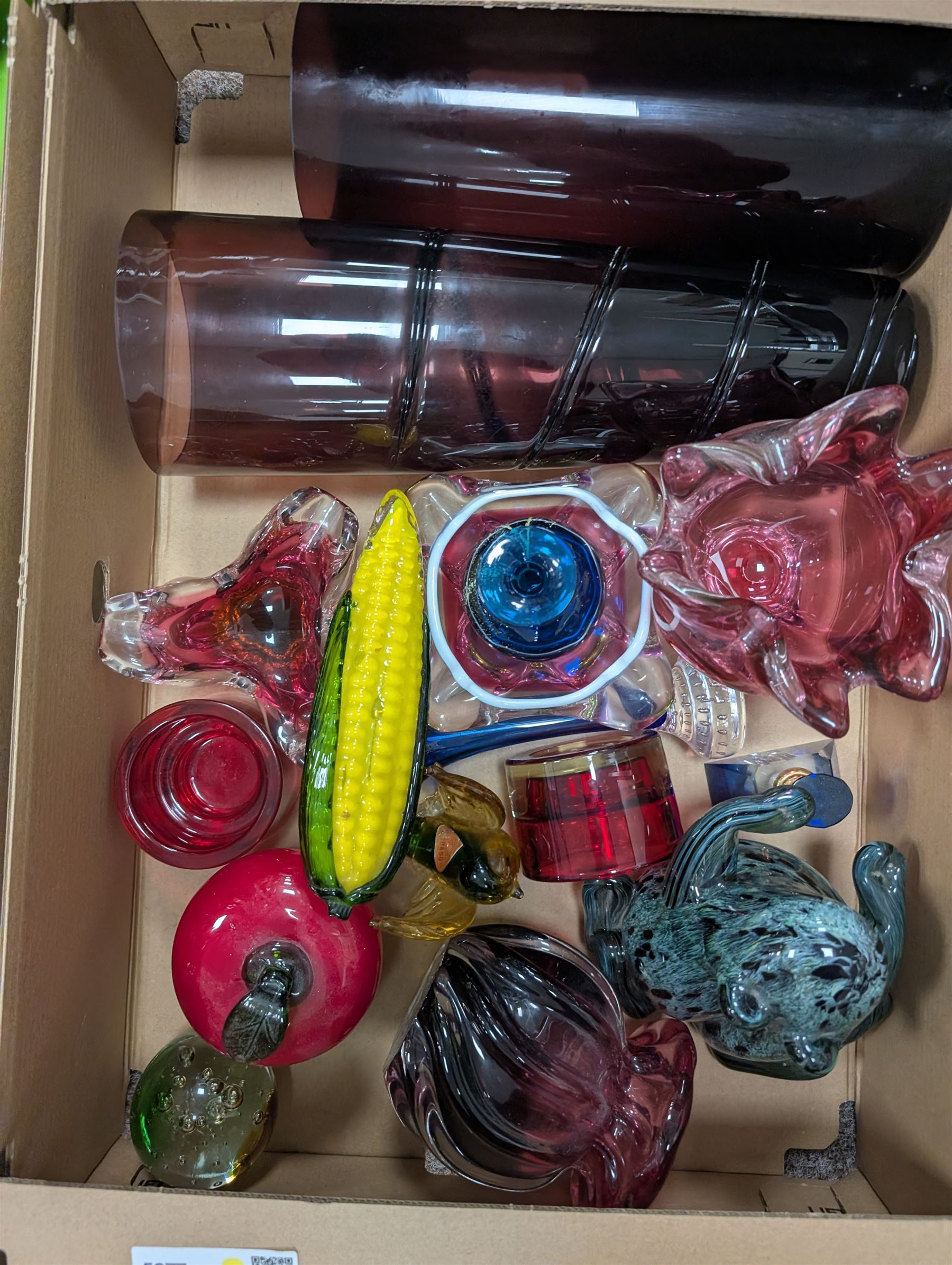 Collection of Art glass, including Langham Frog, apple and corn models, Murano style swan and vases, etc, in three boxes