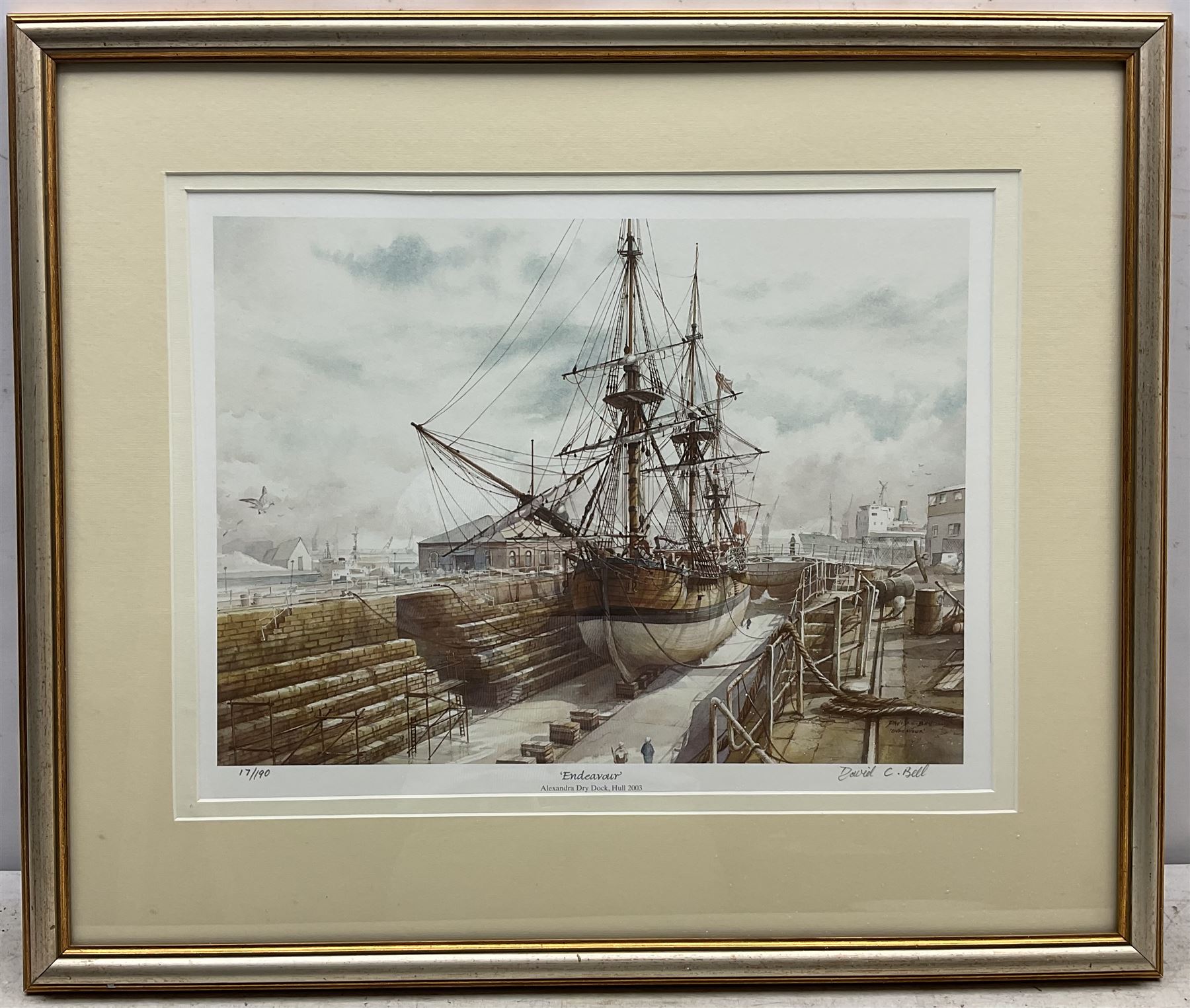 David C Bell (British 1950-): 'The Endeavour in Alexandra Dry Dock - Hull 2003', limited edition colour print signed in pencil 34cm x 46cm 