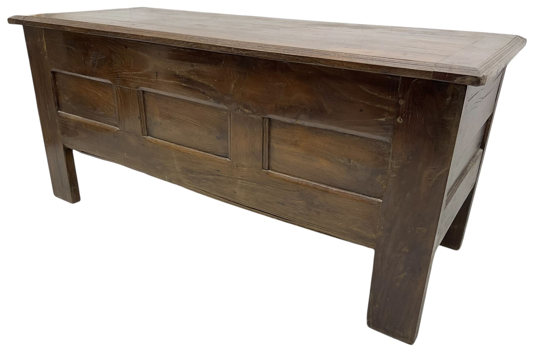 Large 18th century oak coffer or chest, rectangular hinged top with moulded edge, over panelled sides with moulded rails, raised on stile supports