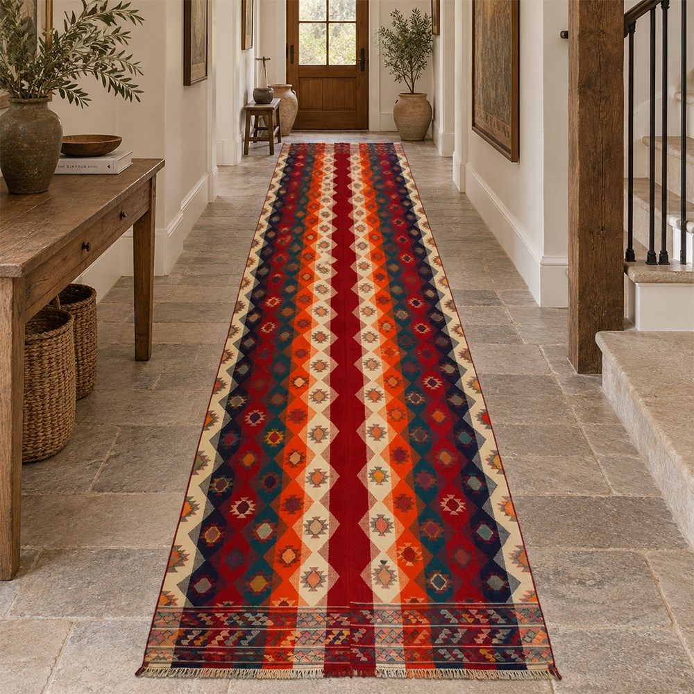 South West Persian Jajim kilim, flat woven in bold bands of crimson, orange, cream, and indigo, decorated with rows of hooked diamond and star motifs 