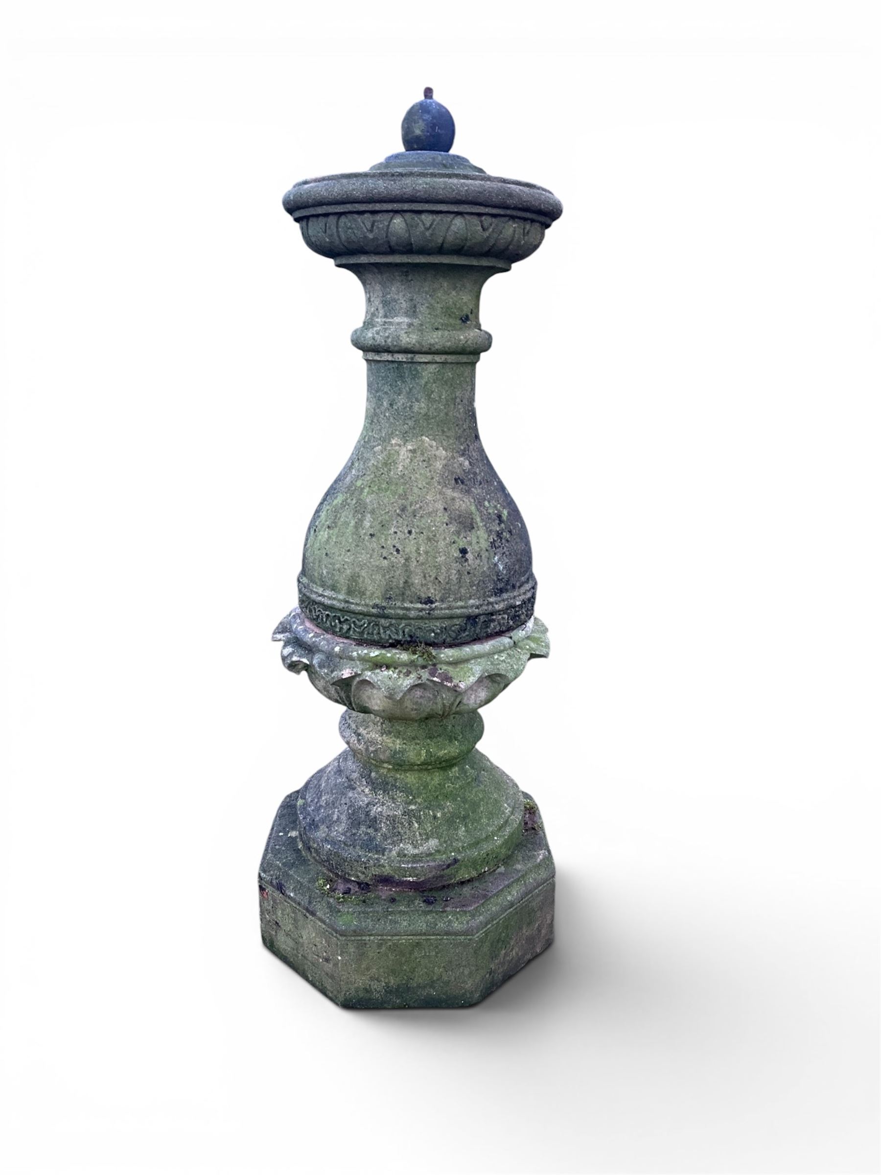 Impressive Haddon stone armillary sundial, raised on column pedestal with octagonal base, seated on weathered sectional plinth, measurements without plinth.
Plinth: 140cm x 140cm