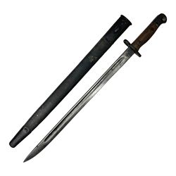 WWI British 1907 pattern bayonet, the 43cm fullered blade by Wilkinson with various marks to the ricasso; in leather covered scabbard numbered 294 to the throat and stamped M/58 L58.5cm overall