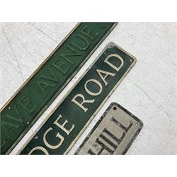 Three aluminium street name signs, 'High Greave Avenue 5' L145cm, 'Oak Lodge Road' L123 and 'Acorn Hill' L77cm