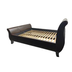 Super king 6' sleigh bed, upholstered in chocolate brown leather, with ebonised splayed feet