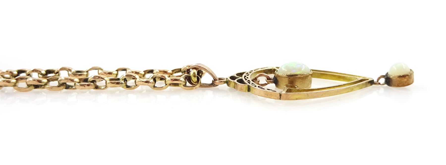 Edwardian 9ct rose gold two stone opal pendant necklace, both stamped