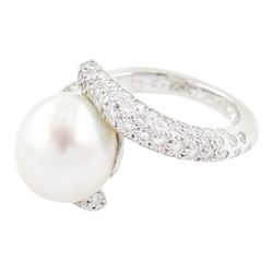 Chanel 18ct white gold pearl and diamond crossover ring, single cultured white / grey pearl, with pave set round brilliant cut diamond shoulders, hallmarked