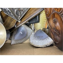 Silver plated jewellery box with foliate decoration and domed hinged lid, further silver plate and other metalware,
Icon of Mary and baby Jesus on wood, quantity of craved treen, rug etc