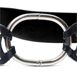 Prada - wide black leather waist belt, with oversized silver-tone circular ring clasp stamped PRADA, size 90/36