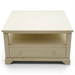 Laura Ashley - white coffee table, of square form, open recess above two drawers with glass knobs
