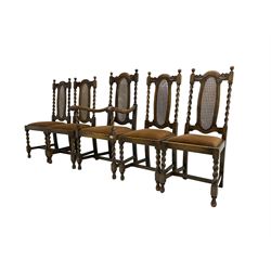 Set five early 20th oak barley twist dining chairs, spiral turned supports with oval cane-work backs, drop-in upholstered seats, on spiral turned supports joined by plain stretchers 
