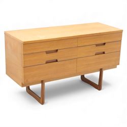 Uniflex - Mid 20th century teak sideboard, rectangular top over six drawers with recessed ...