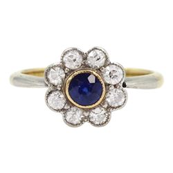 Early 20th century milgrain set sapphire and old cut diamond daisy cluster ring, total diamond weight approx 0.30 carat