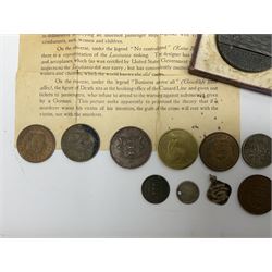 Lusitania replica medal, boxed and various coins including King George VI 1951 Festival of Britain crown, United States of America 1844 one cent and 1850 half dime, Queen Victoria States of Jersey 1844 one thirteenth of a shilling, etc