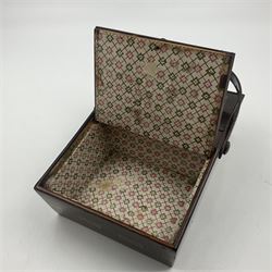 19th century rosewood Tunbridge Ware basket, of rectangular form with curved bentwood handle, and twin hinged sloping covers, lifting to reveal paper lined interiors, not including handle H5.5cm D10.5cm L18cm
