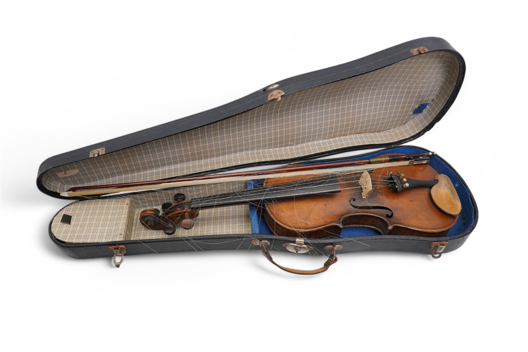 Violin with two piece back and scroll neck with bow in case