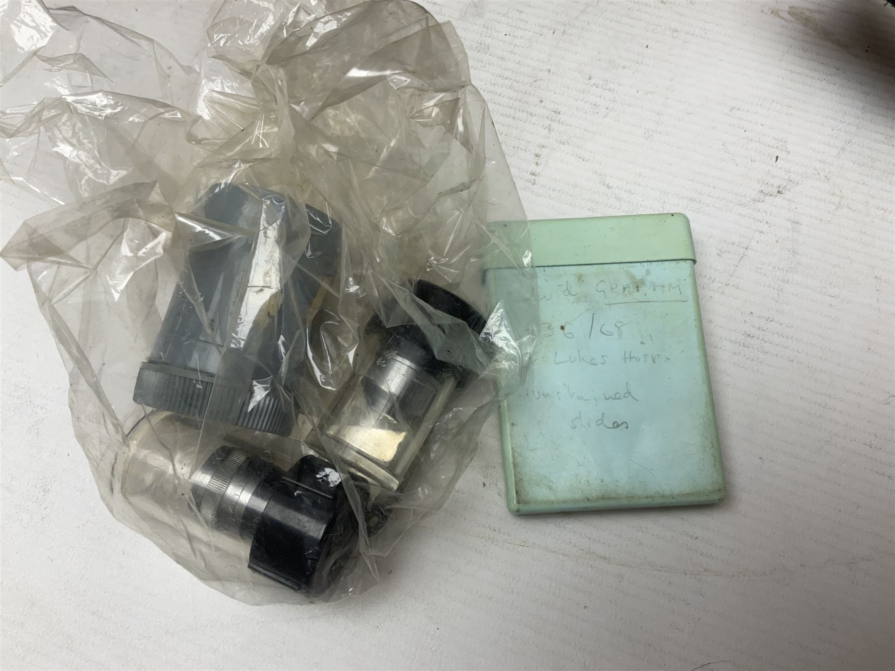 W. Watson & Sons Ltd lacquered brass compound microscope circa 1910, the back foot signed W. Watson & Sons Ltd, 313 High Holborn London and numbered 8193, together with a boxed collection of glass microscope biological sample slides