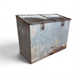 Early 20th century galvanised two division feed bin, sloped top