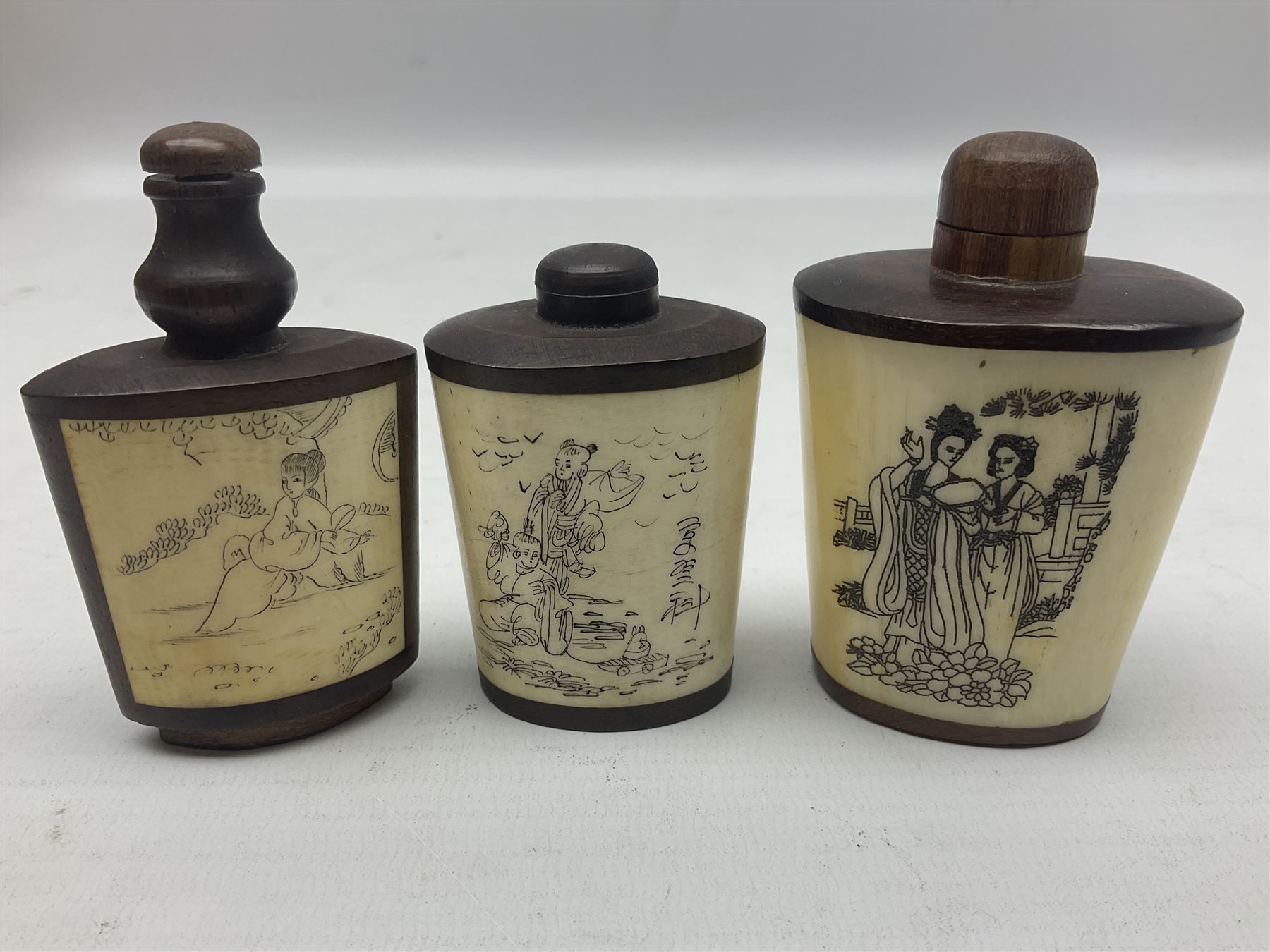 Seven Chinese glass snuff bottles painted with figures and animals, together with three wood mounted bone examples