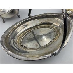 Silver plated seven bar toast rack by Mappin & Webb, together with other silver plated items including pair of bottle coasters, swing handled baskets and two sauce boats