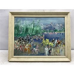 Jean Dufy (French 1888-1964): Parisian Street with Horse and Carriages, mid-20th century colour print 45cm x 58cm