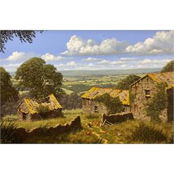 Edward Hersey (British 1948-): Chickens Feeding in Farmyard Ruins, oil on canvas signed 39cm x 59cm