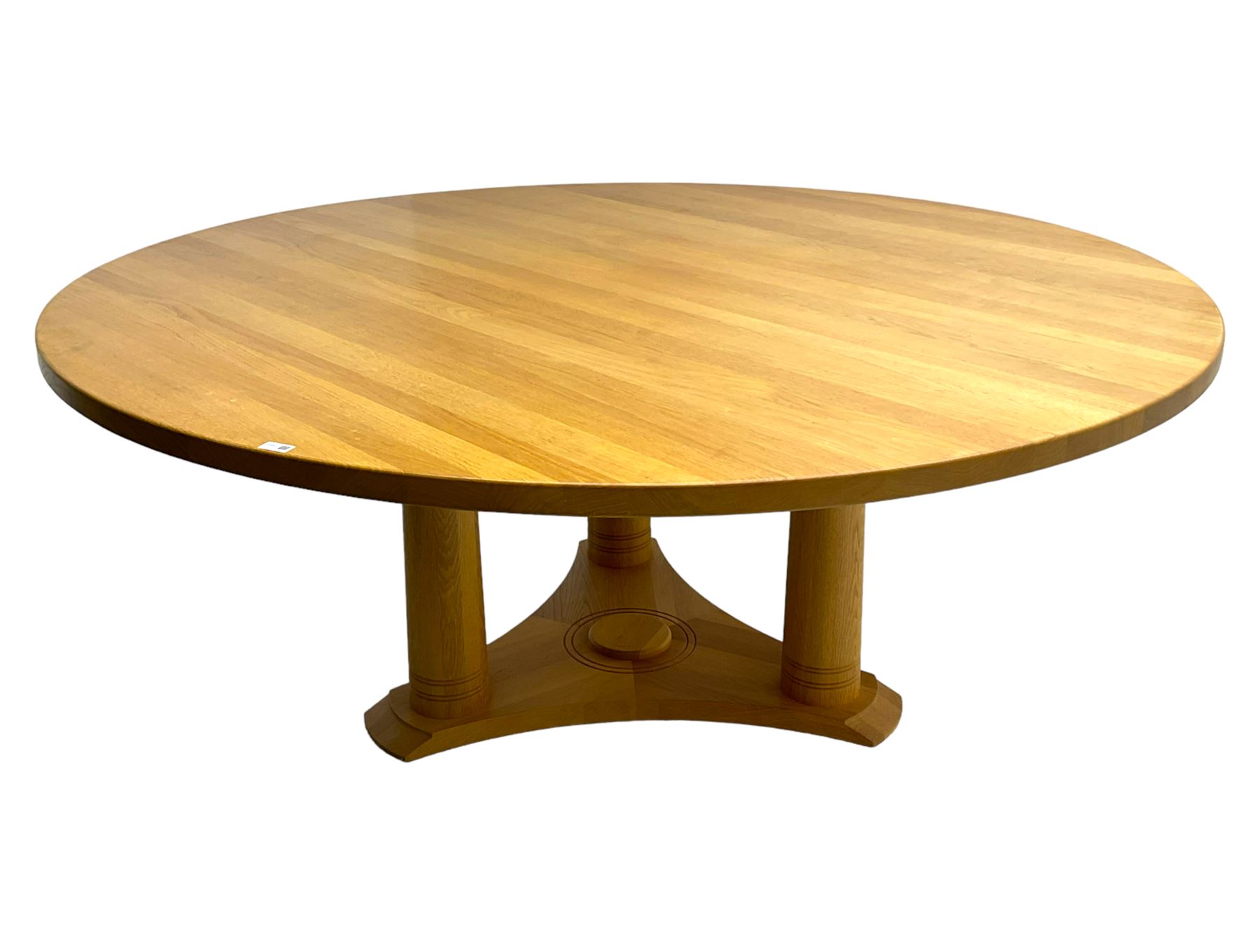 Chris Berry for Berrydesign - contemporary bespoke solid light oak dining table, circular top over ring turned triple pedestal with triform base