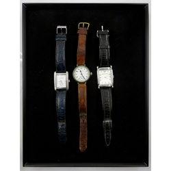  Frederique Constant stainless steel quartz wristwatch no 1213204, Emporio Armani stainless steel quartz wristwatch and a West End Watch Co Secundus Swiss made officer's wristwatch all on leather straps  