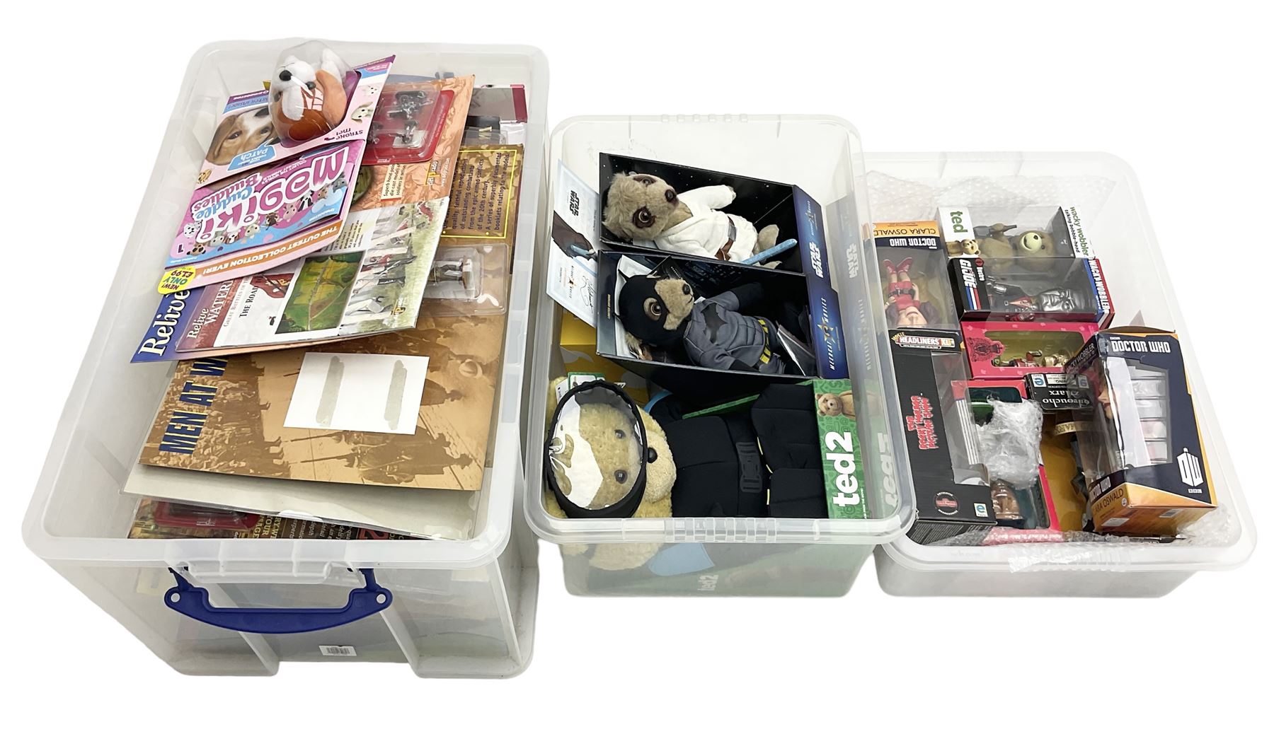 Two Compare the Meerkat meerkat dolls comprising Batman and Star Wars, Ted 2 stuffed doll, quantity of boxed bobble heads, and quantity of magazines with models to include Men At War, Fire Engines of the World etc in three boxes