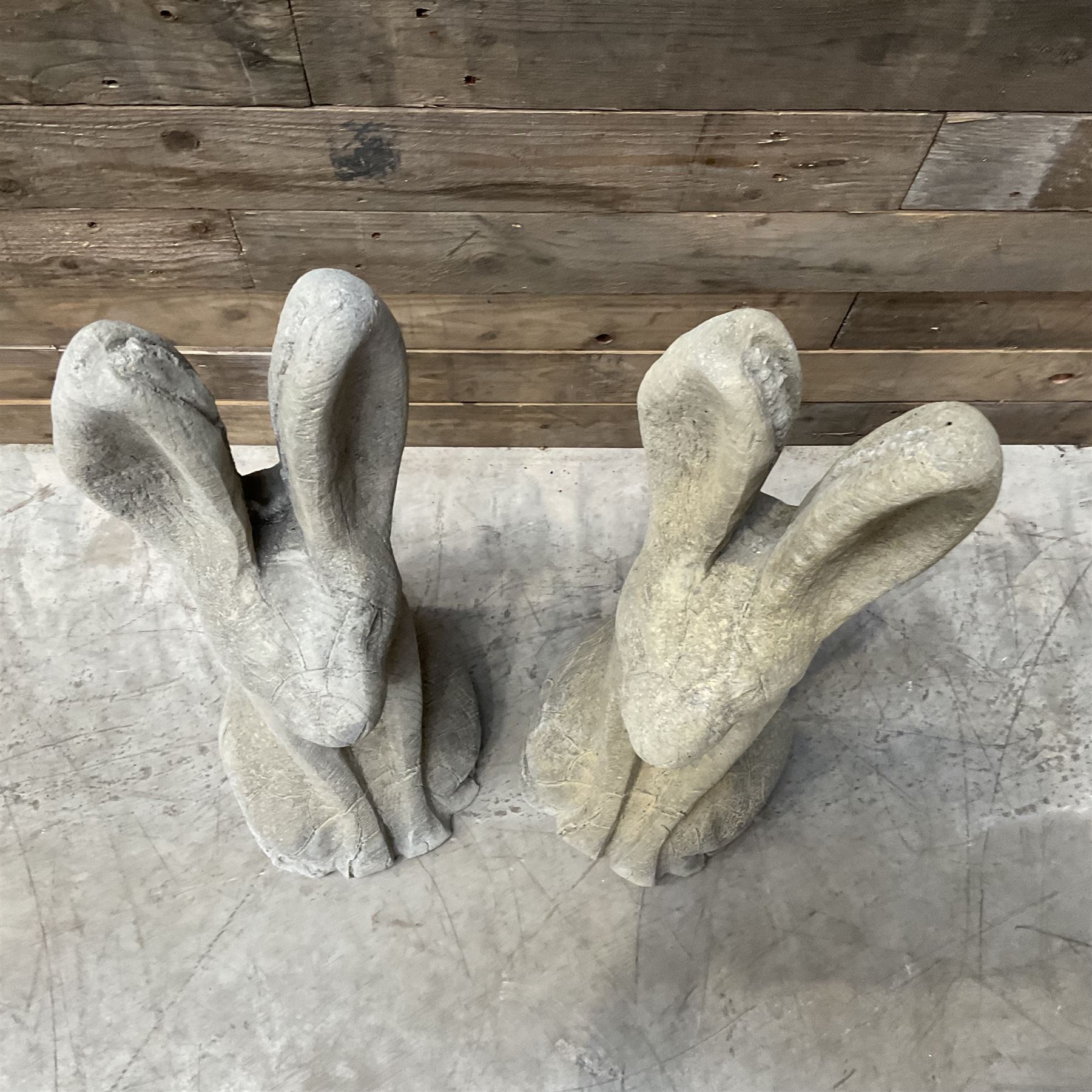 Pair cast stone garden sitting Woody Hares