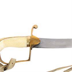 British 1976 pattern cavalry officers' saber variation of  private purchase, the 76cm single edged blade extremely curved, brass stirrup hilt with chequered ivory grip the languets bearing military trophies, with original buck skin sword knot, the leather scabbard has three brass mounts with twin suspension rings, the top mount bears makers cartouche of 'Tatham to his Majesty, Charing Cross London', 1800-1860, overall L90cm  This item has been registered for sale under Section 10 of the APHA Ivory Act 