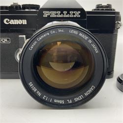 Canon QL Pellix camera body, serial no. 807468, with 'Canon FL 58mm 1:1.2' lens, serial no. 60185