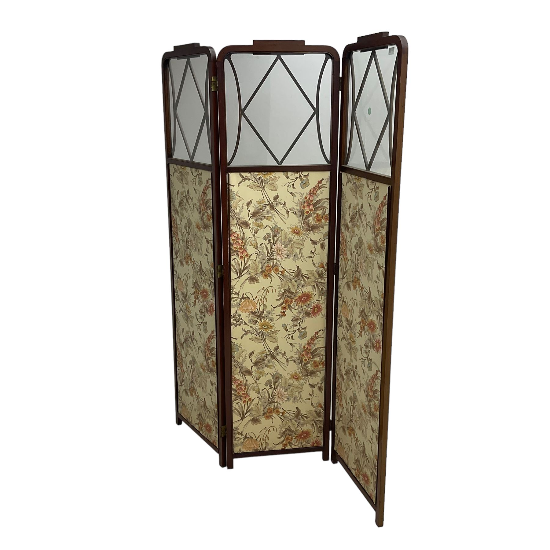 Edwardian inlaid mahogany three-fold screen, the cresting rail carved with linen garland over glazed panel and floral upholstered panel 