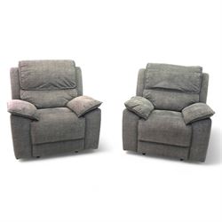 Oak Furnitureland - charcoal fabric electric recliner suite, comprising three-seat sofa and two matching armchairs, each with power reclining mechanism and integrated USB-A charging socket, upholstered in soft charcoal grey fabric with pillow arms and split back cushions

Armchairs W 100, D 82, H 104cm
Sofa W 230cm, D 82cm, H 104cm