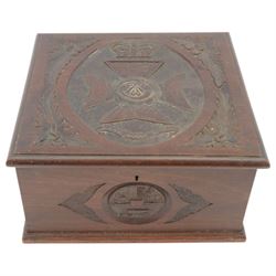 Carved oak box, with Kings Royal Rifle Corps decal to the hinged lid, H17cm