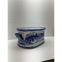 Victorian style, blue and white transfer printed footbath, decorated with town scene and with twin carry handles, L48cm