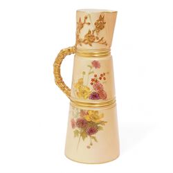 Royal Worcester porcelain including a blush ivory twin-handled basket, shape no. 2365, L13.5cm, blush ivory jug, of tapering form, shape no. 1047, pierced bowl, 1930s small barrel form jug, hand painted with a Redstart, signed, blush ivory flatback jug, twin handled vase, together with a Worcester style miniature part tea set, unmarked 